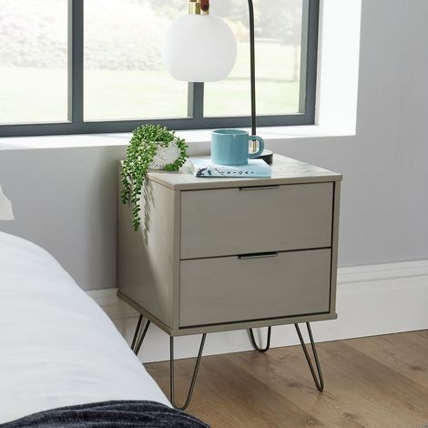 Bedside 2 Drawers Grey Washed Pine Nightstand Cabinet Home Bedroom Furniture (1/5)