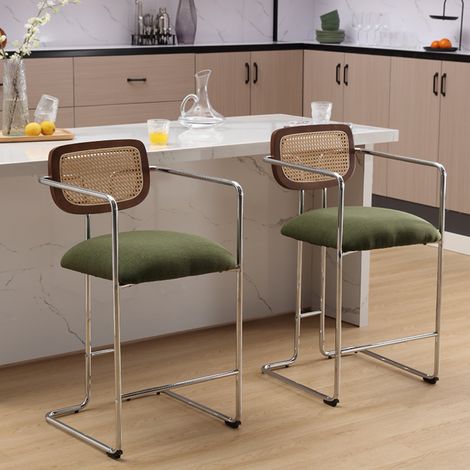 Wahson set di 2 sgabelli da bar in lino, Retrò schienale in rattan sgabello da cucina imbottito con struttura in metallo, per bancone cucina bistro caffetteria sala da pranzo, verde
