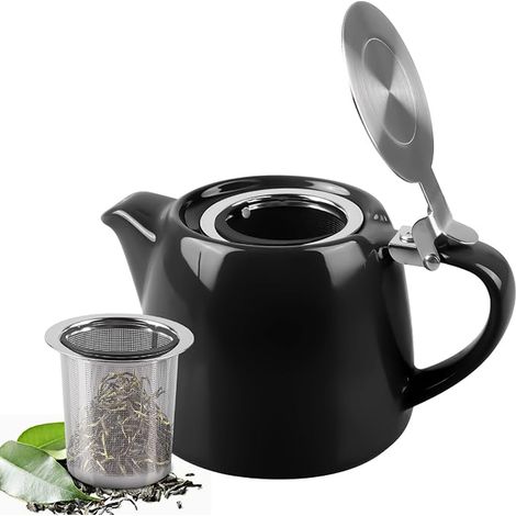 Ceramic Teapot, Porcelain Teapot Stainless Steel Infuser Black Semi-Gloss Porcelain Teapot Home Office, Teapot Tea (1/5)