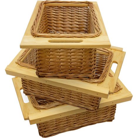 Cestelli Estraibili in Vimini per Cucina Cassetti Organizzazione Credenza Cesto in Vimini con Telaio e Binari in Legno di Faggio per Dispensa da 40cm Organizza Unità 40 cm con Viti GRATIS - 3 Cesti