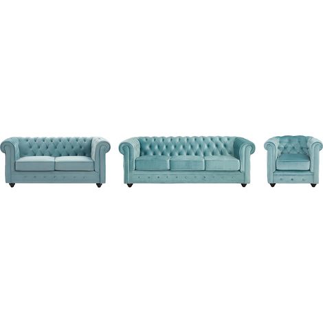 Divano 3 posti e 2 posti e Poltrona in Velluto Blu pastello - CHESTERFIELD