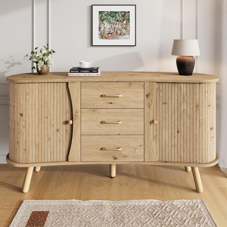 Sideboard – großes 150 cm Möbelstück für Flur und Wohnzimmer in Bohnenform, natürliche Holzoptik, mit 2 gerillten Schiebetüren und 3 Schubladen