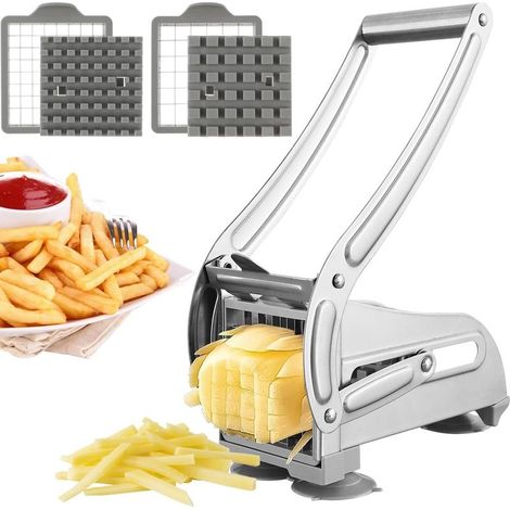 Coupe frites manuel en acier inoxydable – 2 lames de rechange – Antidérapant pour coupe précise de pommes de terre et légumes (1/5)