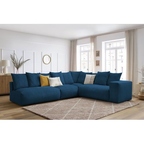 BOBOCHIC - Canapé d'angle fixe modulable VOLTAIRE avec 2 chauffeuses 2 places, 1 angle et 1 chauffeuse 1 place Angle droit Bleu foncé (1/5)