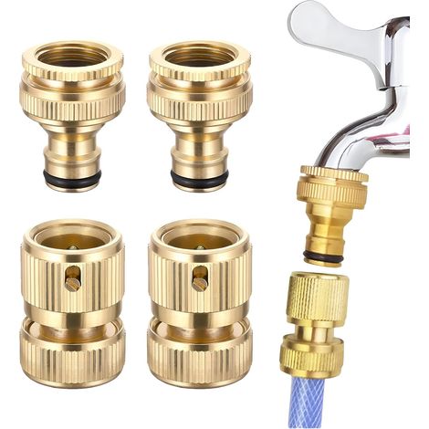 JSSEVN - Set of 2 Pairs of Brass Garden Hose Connectors, 2 in 1 Brass Quick Connect Connectors, 3/4 Inch Garden Tap Fittings, Universal Adapter (1/5)
