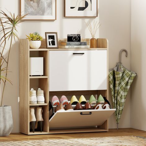 Schmaler Schuhschrank mit 2 Türen, 3 Seitenablagen und verstellbaren Einlegeböden für 15 Paar Schuhe, Natur und Weiß (1/5)