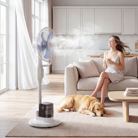 Ventilateur brumisateur 90 W – Oscillation 70° – 3 vitesses – Réservoir 3,5 L – Silencieux 36 dB – 5 roulettes pour déplacement facile