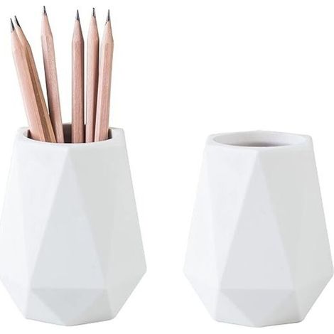 Pot à crayons en silicone pour bureau, joli pot à crayons géométrique pour enfants, organiseur de bureau (lot de 2, blanc) (1/5)