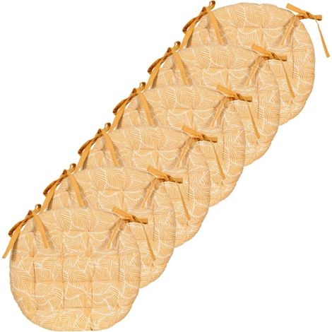 Atout Lot de 6 Galettes de Chaise Rondes Bicolores D.40cm, Jaune imprimé/uni