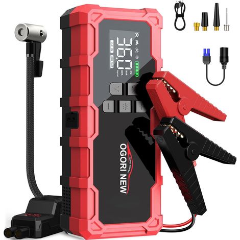 Booster Batterie Voiture 7000A avec Compresseur à Air Portatif,Booster Voiture Batterie Démarrage 12V,150PSI Gonfleur de Pneus,Demarreur Batterie Voiture avec Allume-Cigare(8.0L Diesel/10.0L Gaz) (1/5)
