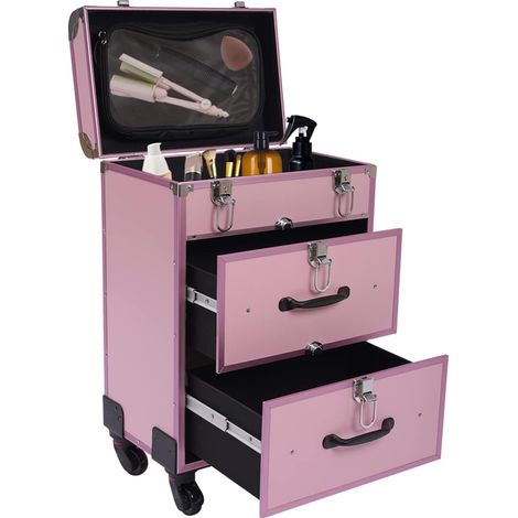 Tocador con 4 ruedas - Estuche de maquillaje con cerradura - Con ruedas y cajón - Rosa, Rosa, 1 caja de almacenamiento