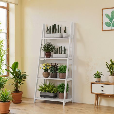 Estantería para plantas de 4 niveles, versátil para sala de estar y oficina, MDF/tablero de partículas, color blanco