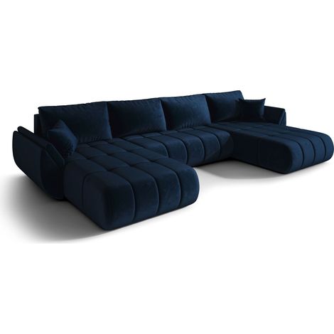 Canapé d’angle velours panoramique convertible avec coffre LUMEN-Bleu foncé (1/4)