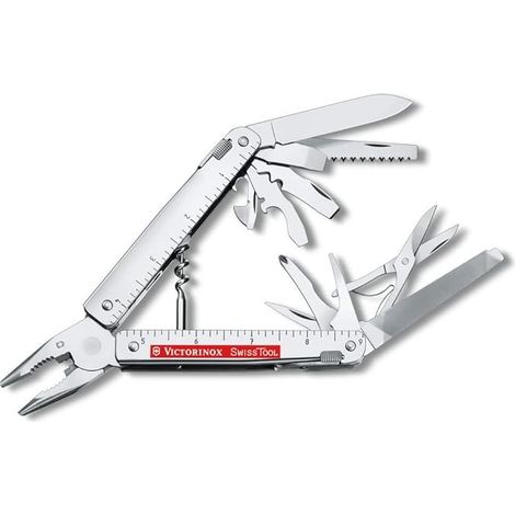 Multiherramienta Victorinox Swiss Tool X Plus Ratchet, 38 funciones, acero inoxidable, alicates de punta fina, sierra, tijeras, funda de cuero, gris (1/3)