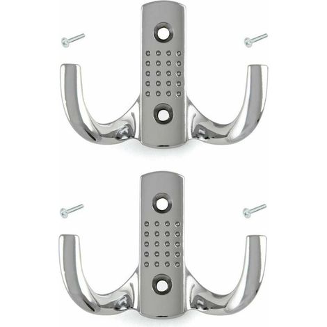 2x Crochet double 58mm en métal finition chrome poli avec vis Mural Cuisine Salle de bain Porte Manteau Serviette Sac Couvert Vêtement Dressing Meuble Placard Patère (1/2)