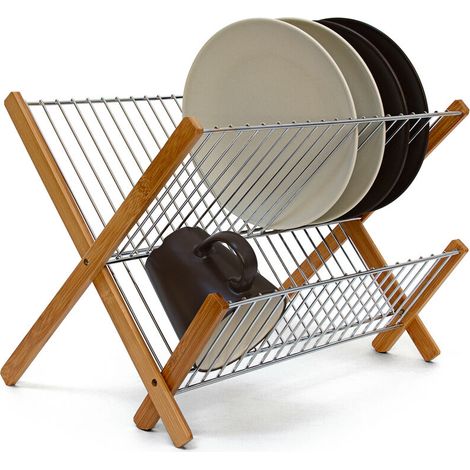 UlisemCROSS Faltbares Abtropfgestell für Teller und Tassen, Bambus, Metall, 27 x 39 x 29 cm, Natur (1/4)