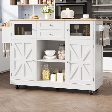 Kücheninsel, Esszimmerwagen mit Arbeitsplatte, Buffetschrank, Esszimmerwagen mit Holzmaserung, seitlicher Handtuchhalter, dreidimensionale Schranktüren mit Rollen, verstellbare Trennwände, weiß (1/5)