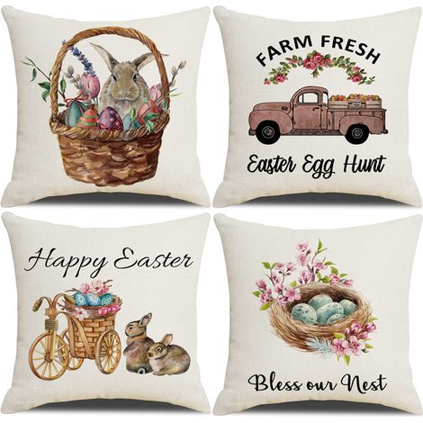 Housses de coussin de Pâques, décoration de Pâques en lin, adaptées à la maison, coussins de Pâques avec motif lapin et œuf, housses de coussin printanières, décoration de Pâques rustique, ensemble de (1/5)