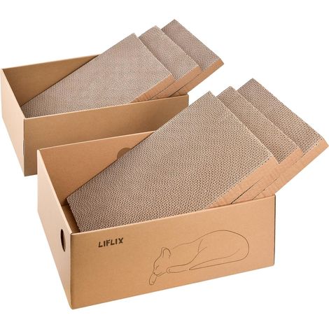 Griffoir en Carton avec 2 boîtes, Lot de 6 Planches à griffer Réversibles dans Un Grand Griffoir, 43,5 L x 33 l x 15,2 H cm, Carton à gratter pour Chat avec Carton de qualité supérieure (1/5)