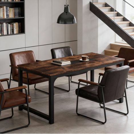 Table rectangulaire industrielle 180 x 90 x 77 cm, métal et bois, noire et marron rustique (1/5)