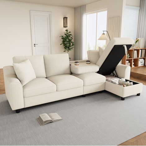 Sofá esquinero 4 plazas con almacenaje, tapizado en chenilla, color beige