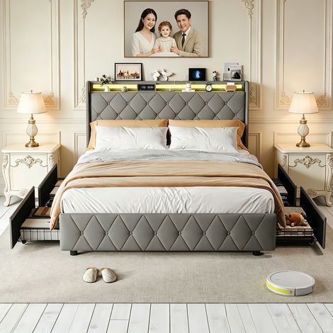 Lit 160x200 cm avec 4 tiroirs velours gris - Tête de lit avec ports USB-A, USB-C et éclairage LED - Lit 2 places (1/5)
