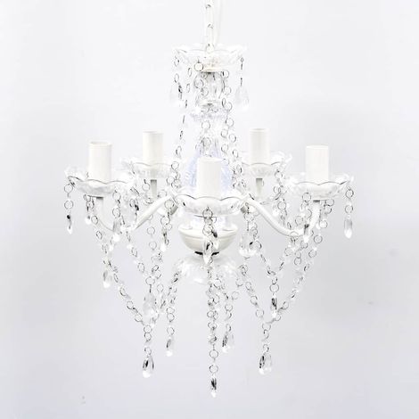 Lustre en verre artificiel transparent – 5 douilles E14, diamètre 40 cm, hauteur 40 cm, design classique avec perles, pour salon, chambre ou salle à manger (1/5)
