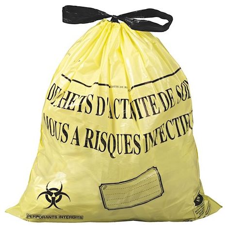 Sac poubelle 50 litres NF Déchets hospitaliers à liens coulissants Hostosacs jaune - 500 sacs - Maxiburo