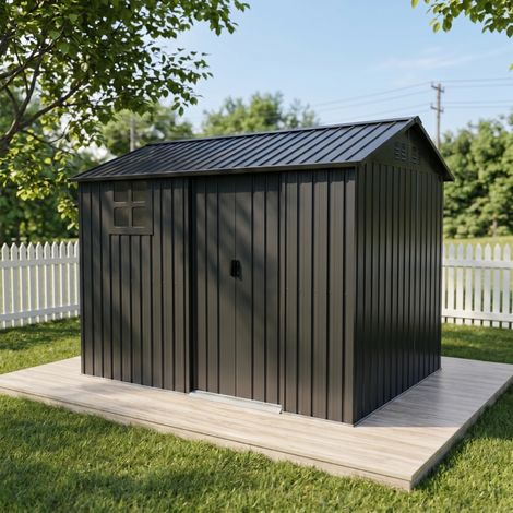 Abri de Jardin Métal 254x183x193 cm, Acier Galvanisé Noir, Résistant aux Intempéries, Cabanon Extérieur avec Porte Coulissante et Fenêtre pour Jardin et Terrasse