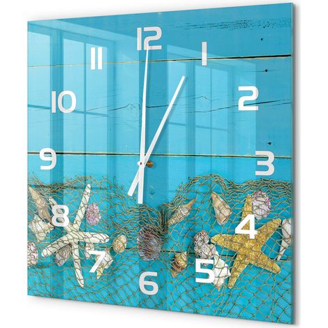 Grande Horloge Murale Carrée Design Original Verre Silencieuse Déco Maison Étoiles de mer et coquillages 60x60 cm (1/5)