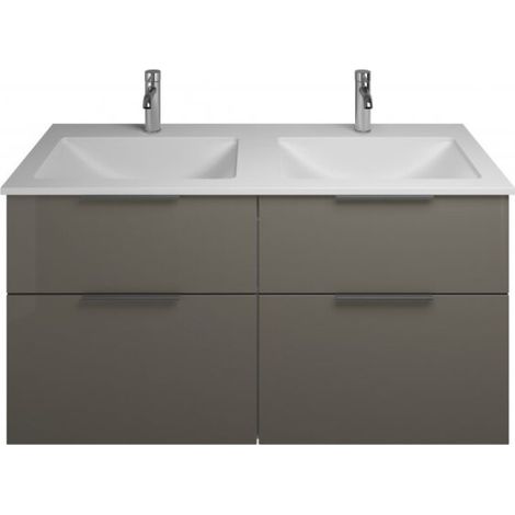 Burgbad Eqio Mineralguss-Doppelwaschtisch mit Unterschrank 122 cm, mit Mittelsteg und 4 Auszügen, mi Grau Hochglanz/Alpinweiss Schwarz matt (1/2)