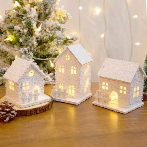 Set di 3 casette natalizie in legno con luci e neve, 12 x 7 cm, statuette bianche, decorazione da scrivania (1/4)