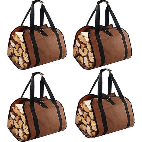 Lot de 4 sacs de rangement pour bois de chauffage, sac de transport portable pour bois de chauffage, sac de bûches en toile portable (1/5)