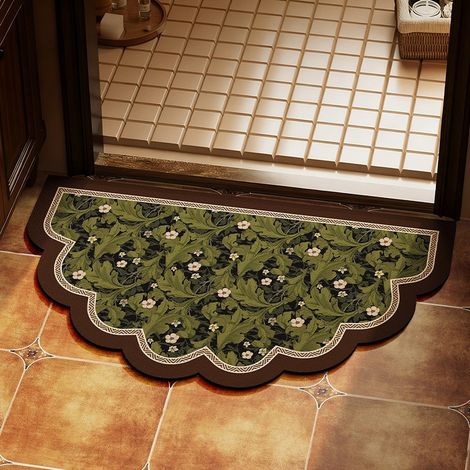 Tapis de bain en diatomite 50×80 cm, petit motif floral blanc vert, bord ondulé, absorption rapide, antidérapant, lavable à la main (1/4)