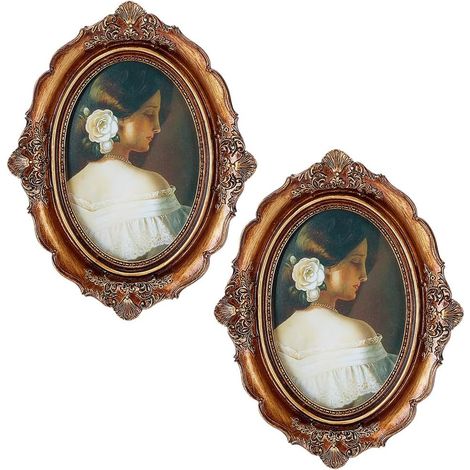 Lot de 2 cadres photo ovales vintage de 16,5 x 21,6 cm, cadres photo décoratifs classiques dorés avec sculptures complexes, cadres vintage en résine pour décoration murale de table (1/5)