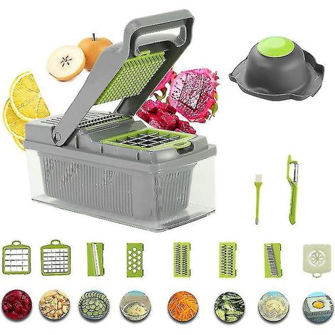 14-in-1 Gemüseschneider, Obst- und Gemüseschäler, Gemüseschneider, Zerkleinerer, Gemüsehacker, Obstschneider, Gemüsehacker, Grau und Grün (1/5)