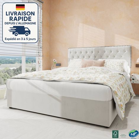 Cama con almacenaje tapizada en tela 140x200 - Elementos remachados - Revestida en lana holandesa - capitoné - Minimalista y elegante - Madera con certificación PEFC - Beige (1/5)