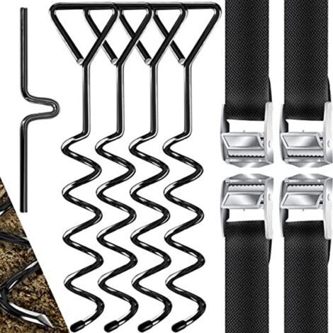 Piquets d'ancrage Spirales Sangles de Serrage Kit ancrage résistance 900kg Acier Inoxydable Fixations pour Trampoline Sécurité (1/5)