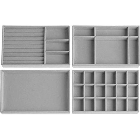 Duscdesp Lot de 4 tiroirs de rangement pour bijoux, organiseurs, boîtes à bijoux, en velours, empilables, pour boucles d'oreilles, bracelets, bagues (gris) (1/5)
