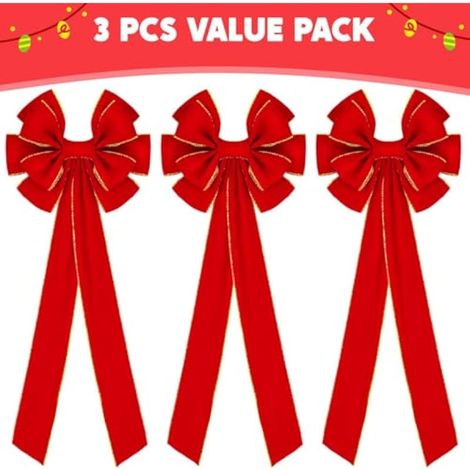 Lot de 3 grands nœuds de Noël en velours rouge (78 cm de long x 26,7 cm de large) - Nœuds géants en velours pour sapin de Noël, décorations de Noël intérieures et extérieures (1/4)
