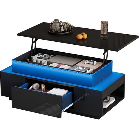 Table Basse Relevable avec 1 Tiroir et Rangement Caché, LED, Brillance Noire, en Panneau de Particules, 96×45×40 cm (1/5)