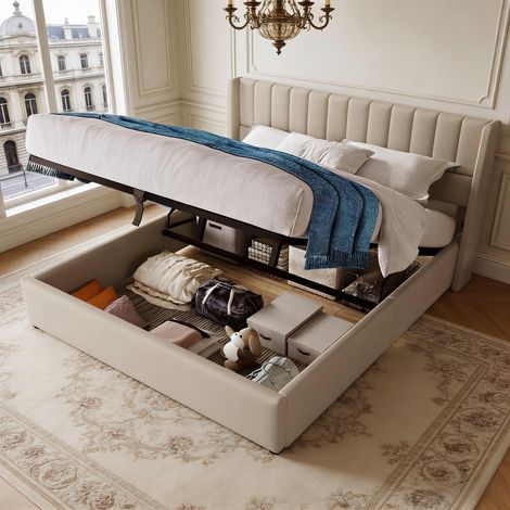 FOERPL-Letto Matrimoniale Imbottito 160 x 200 cm, Letto Idraulico 160x200 con Spazio di Contenitore e Rete a Doghe, Letto Contenitore 160x200 con Testata, Struttura del Letto Imbottita per Adulti (1/5)
