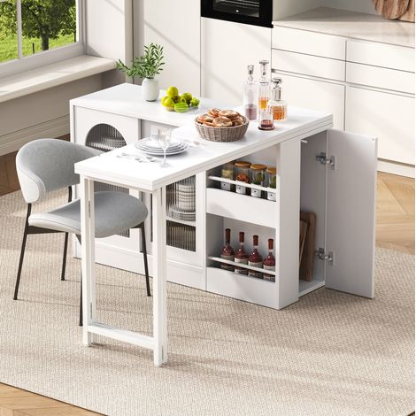 Barra de cocina extensible 121.5x40x76.7 cm blanco en MDF con almacenamiento y puertas de vidrio (1/5)