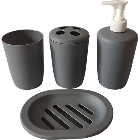 Set Accessoires Salle De Bains - Distributeur Savon Pompe - Porte-Brosse À Dents - Gobelet - Plat À Savon - Gris - 4 Pièces (1/5)