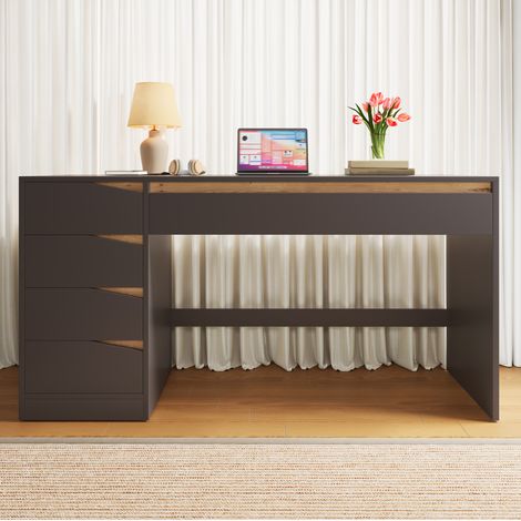 Scrivania 140 x 50 cm con 5 cassetti in MDF grigio effetto rovere OKWISH (1/5)