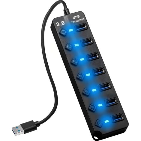 5Gbps Multiprise Hub USB 3.0, Multi Port Répartiteur USB pour PC Ordinateur Adaptateur Multiport USB 7 Ports, avec LED, Commutateurs Indépendants, Alimenté Rallonge 26cm, pour PC, Portable (1/5)