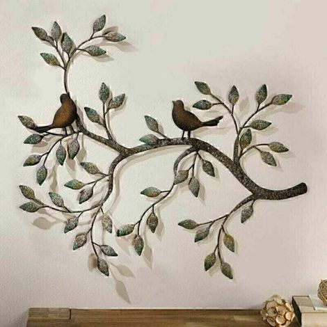 Décoration murale d'oiseau : paire d'inséparables sur des branches. Sculpture murale en métal 3D, décoration rétro en fer forgé. 58 x 48 cm. (1/4)