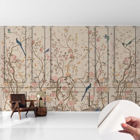 Papier peint adhésif décoratif pour salon chambre et cuisine Facile à poser avec colle Oiseaux et fleurs 416x254 cm (1/5)