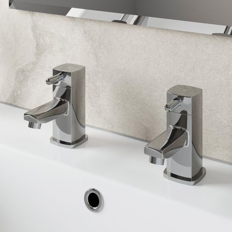 Modern Bathroom Hot & Cold Basin Taps Twin Square Chrome Lever Handles Cloakroom (1/5)