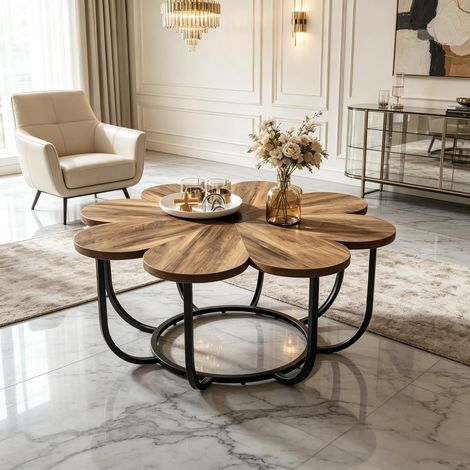 Table basse élégante pour le salon, table basse à base incurvée, table d'appoint originale à motif floral, table ronde (uniquement avec la table basse) (1/5)